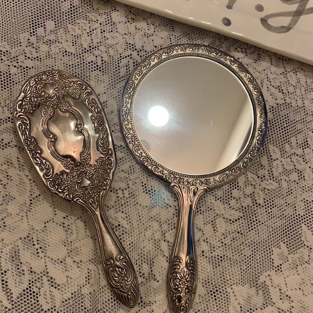 Vintage Victorian Vanity Mirror and Hair Brush Set Silver Tone Handheld Art Deco